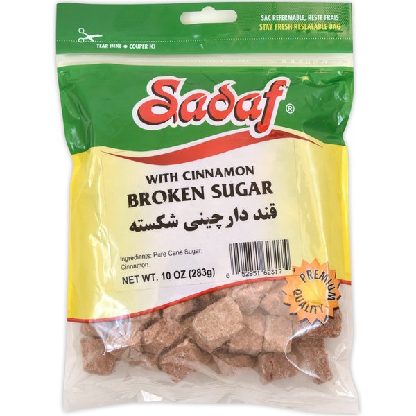 Sadaf Broken Sugar with Cinnamon - Versatile Sweetener for Baking and Drinks - Cinnamon Sugar Cubes - Sugar Packets for Coffee and Tea - 10 Oz resealable bag