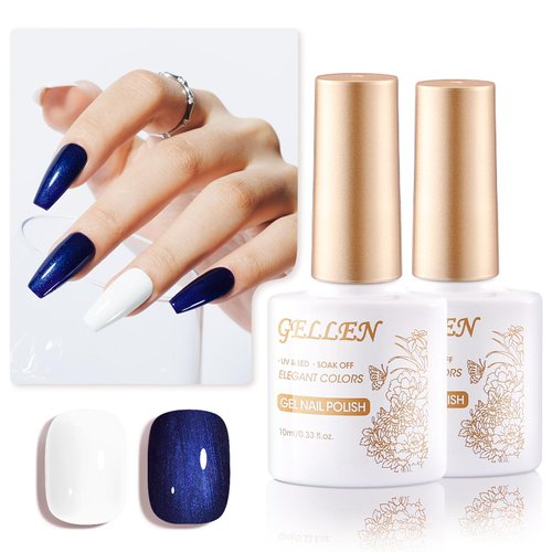 Gellen White Blue Gel Nail Polish Set, Summer White Gel Polish &amp; Shimmer Blue Gel Polish, Soak of...