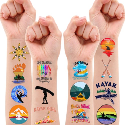100PCS Summer Kayak Kayaking Temporary Tattoos Stickers Themed Birthday Party Decorations Supplies Decor Favors Beach Canoe Kayaker Hawaiian Surf Tattoo Gifts For Kids Boys Girls Class Prizes Carnival