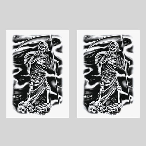 Oottati 2 Sheets Waterproof Arm Temporary Tattoo Stickers Death Skeleton Skull Grim Reaper God Sickle Eye