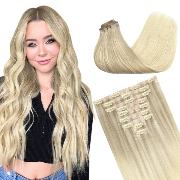 GOO GOO Clip in Hair Extensions Real Human Hair, 14inch 130g 9Pcs, 17/22/60 Balayage Ash Blonde to Golden Blonde and Platinum Blonde, Remy Human Hair Extensions Clip ins for Women, Natural Human Hair