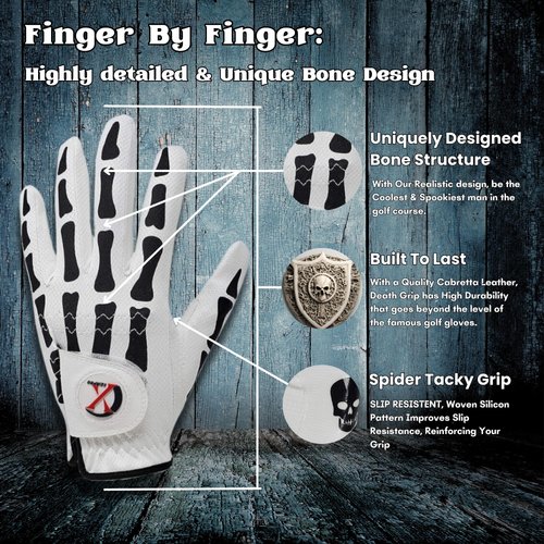 XEIRPRO Skeleton Death Grip Golf Gloves for Men – Funny Golf Gloves for Men – Cool & Tacky Golf Glove 2 Pack – Perfect for Summer & Fall Golfing (White, Medium, Right)