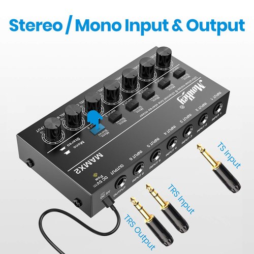 Moukey Audio Mixer Line Mixer, DC 5V, 6-Stereo Ultra, Low-Noise 6-Channel for Sub-Mixing, Ideal for Small Clubs or Bars, As Guitars, Bass, Keyboards Mixer, 2021 New Version-MAMX2