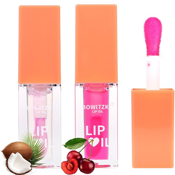 Bowitzki 2 Pieces Color Changing Hydrating Lip Oil, Lip Gloss Glow Transparent Toot Tinted Nourishing Long Lasting Repairing Lightening Lip Lines Balm Repairing Lightening Lip Lines (Coconut+Cherry)