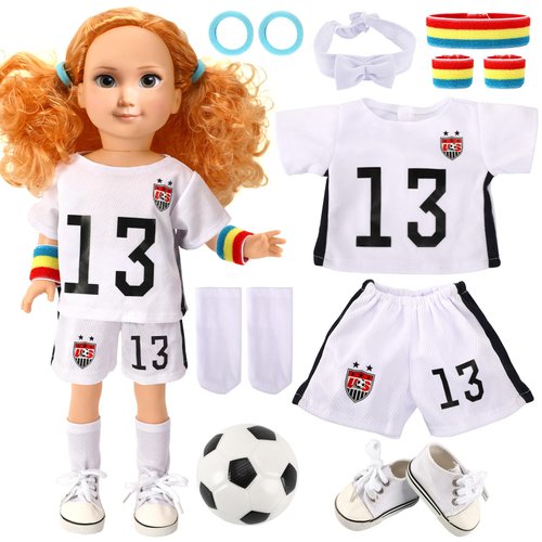UPINS 18 Inch Girl Doll Clothes Accessories Team USA 8 Piece Soccer Uniform Clothing Includes Headband, Hair Bands, Bracers, Shirt, Shorts, Socks, Shoes and Football Fits for Children's Day