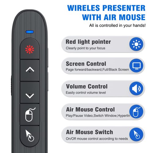 DINOSTRIKE Wireless Presenter Remote with Air Mouse Control, Rechargeable USB Presentation Clicker PPT Pointer RF 2.4GZ PowerPoint Clicker Slide Advancer for Computer Laptop Mac