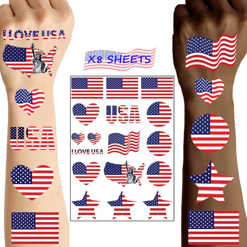 136 PCS American Flag Tattoos, 8 Sheets USA Flag Tattoos, USA Flag Temporary Tattoos, Red White and Blue Tattoos, Red White and Blue Party Supplies, USA Flag for JULY 4th, Memorial Day, Labor Day