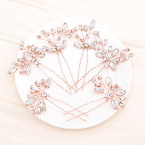 Oriamour Bridal Wedding Crystal Hair Pins Wedding Hair Accessories for Women and Girls Pack of 6 (Rose Gold)