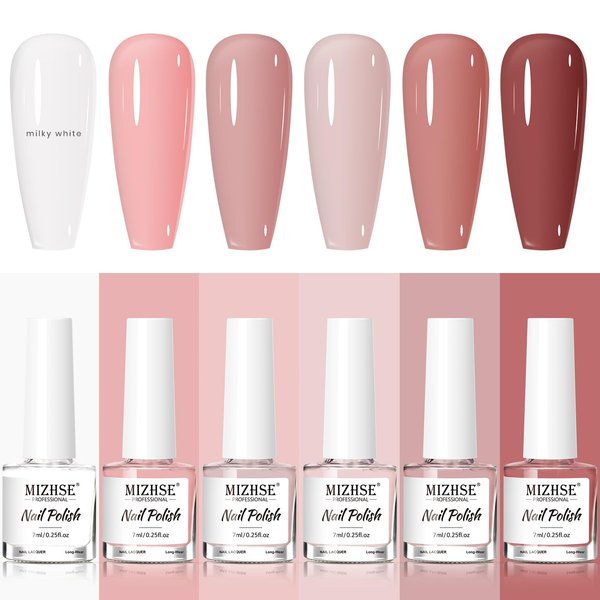 MIZHSE Nail Polish Set: Regular Nail Polish 6 Classic Nude Colors Collection Milky White Nude Pink, Quick Dry Nail Lacquer Finger Nail Strengthener Manicure DIY Nail Art Salon, Ideal Gift for Women