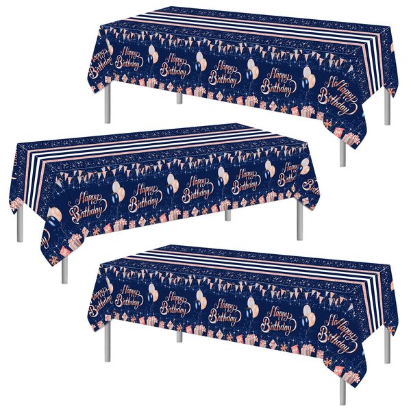 PHOGARY 3 PCS Navy Blue Rose Gold Birthday Tablecloth Decorations, Blue Birthday Party Supplies Blue Silver Birthday Party Tablecloth for Party Decorations Supplies 54X108in