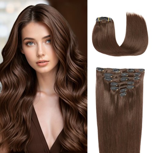 Clip in Human Hair Extensions Remy Chocolate Brown Hair Extensins Clip in Straight Real Hair Exte...