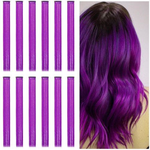InnoHHustle 12PCS Colored Hair Extensions Purple Hair Extensions Clip in Colorful Hair Extensions 22 Inch Rainbow Hair Extensions for Girls Women