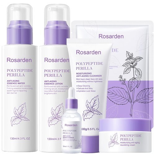 Anti Aging Skin Care Set, 6Pcs Polypeptide Perilla Face Care Set for Women Girl, Antioxidant, Calm and Moisturize Skin, Skin Care Routine Set Include Serum Face Cream Toner Lotion Cleanser Facial Mask