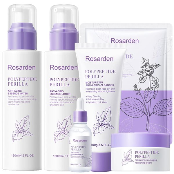 Anti Aging Skin Care Set, 6Pcs Polypeptide Perilla Face Care Set for Women Girl, Antioxidant, Calm and Moisturize Skin, Skin Care Routine Set Include Serum Face Cream Toner Lotion Cleanser Facial Mask