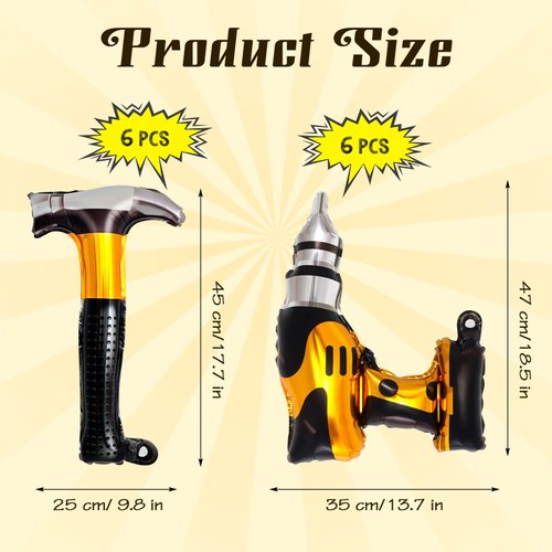 12 Pcs Hammer Drill Balloons Set,18 Inch Construction Foil Balloons,Construction Party Decorations Inflatable Construction Tools for Father's Day Party Husband Boyfriend Birthday Party Decorations
