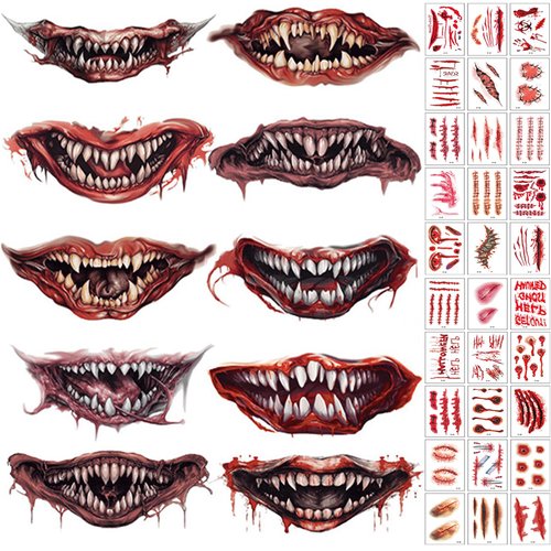Halloween Clown Horror Mouth Fake Tattoo Tattoo Stickers Wound Tattoo Simulation scar tattoo knife simulation Waterproof Tattoo Sticker 10+30pcs