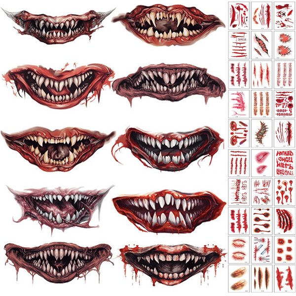 Halloween Clown Horror Mouth Fake Tattoo Tattoo Stickers Wound Tattoo Simulation scar tattoo knife simulation Waterproof Tattoo Sticker 10+30pcs