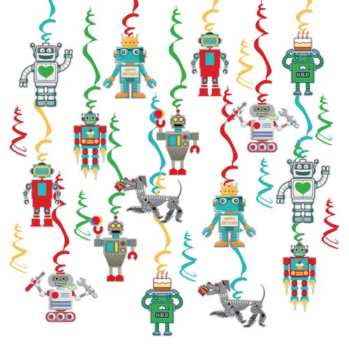 16pc Fun Robot Themed Hanging Swirls Birthday Party Decorations Happy Birthday Gear Up Robots Ceiling Swirls Robot Party Streamers for Tech-Loving Child Kids Birthday Baby Shower Party Supplies