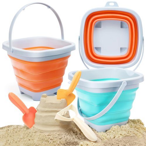 OR OR TU 6 Pcs Foldable Sand Buckets Beach Toys Set for Kids Collapsible Bucket Castle Molds Shovels Rake Tool Kits, Gifts for 1 2 3 4 5 6 Baby Toddler Kids Boys and Girls