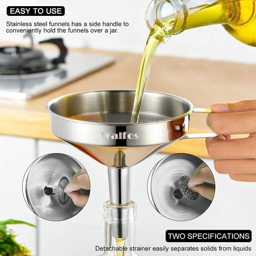 Stainless Steel Funnel, Walfos 6 Different Sizes of Kitchen funnels with 2 Removable Strainer ＆ 1Pcs Cleaning Brush, 200 Mesh Food Filter Strainer,for Transferring of Liquid, Oils, Jam, Powder