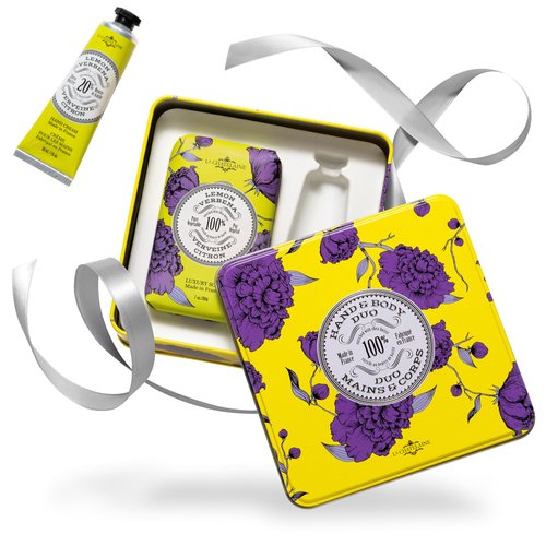 La Chatelaine Lemon Verbena Triple Milled Bar Soap and 20% Shea Butter Hand Cream Gift Set, Decorative Tin, Plant-Based, Natural & Organic, Made in France (7 oz. soap bar, 1 oz. hand lotion)
