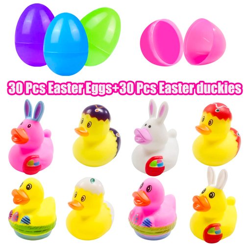 24 Pcs Prefilled Easter Eggs with Bunny Duckies,Bright Colorful Easter Eggs Prefilled with Variety Duckies for Fun Bath Bunny Duckies, Easter Basket Stuffers and Bathtub Toys Party Favors