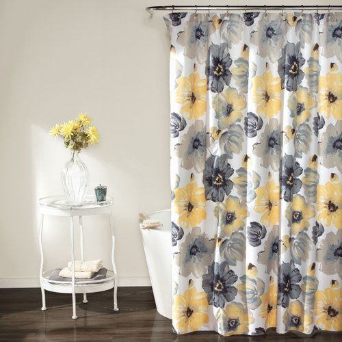 Lush Decor Leah Floral Shower Curtain, 72" W x 84" L, Yellow & Gray - Pretty Yellow Shower Curtain - Colorful Blooming Flowers - Extra Long Shower Curtain - Country Cottage & Farmhouse Bathroom Decor