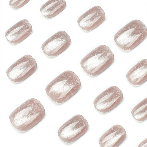 Xenophoer Short Press on Nails Oval Beige Gray Cat Eye Fake Nails Acrylic Glue on Nails with Silver Glitter Designs Nails Press ons for Women Daily Wear 24 Pcs