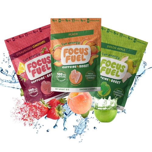 FocusFuel Energy Chews - Focus + Energy Caffeine Gummies (New Sample Pack - 18 Chews) 100mg Caffeine per 2 Gummies - Peach, Green Apple, Strawberry Lemonade Flavors (3 Pack - Trial Size)