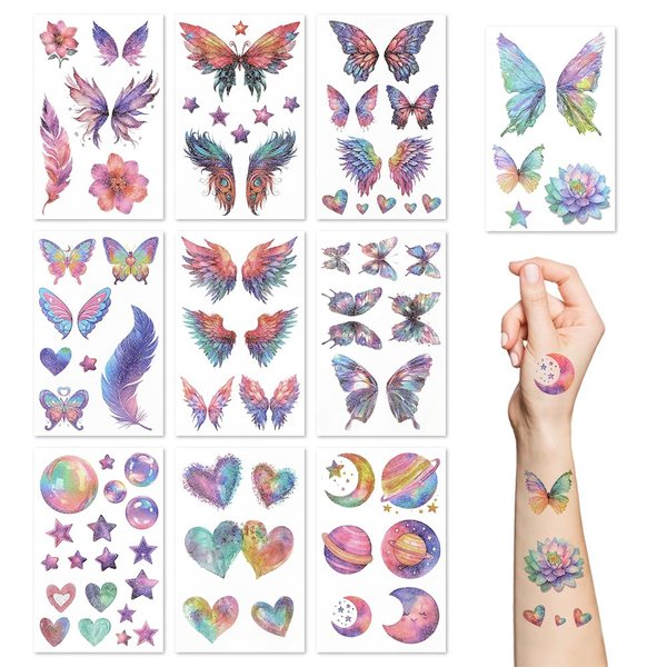Glitter Butterfly Temporary Tattoos,10 Sheets Fairy Wings Fantasy Butterfly Waterproof Makeup Face Tattoo Sticker for Princess Birthday Party Favors Goodie Bags Stuffers Party Fillers