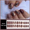 MISUD Press on Nails Short Square Fake Nails Glossy Glue on Nails Fall Brown Acrylic Nails Squoval Artificial Nails Autumn Leaf Stick on False Nails with Gold Foil Design 24 pcs