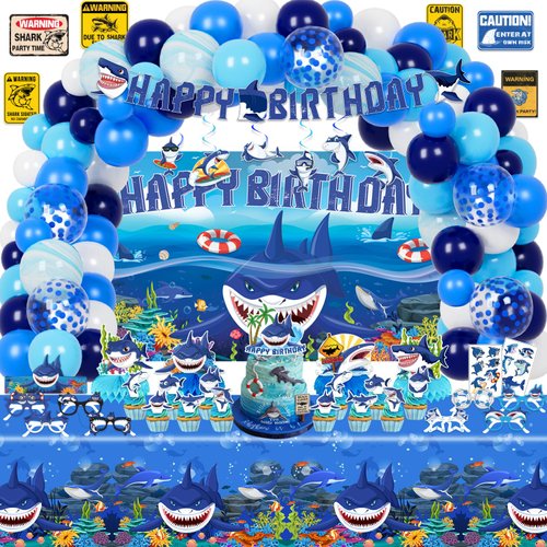 LXlucktim Shark Party Decorations, 147 Pcs Shark Birthday Party Decorations Supplies for Girl - Backdrop, Toppers, Tablecloth, Centerpieces, Hanging Swirl, Shark Glasses, Shark Sign