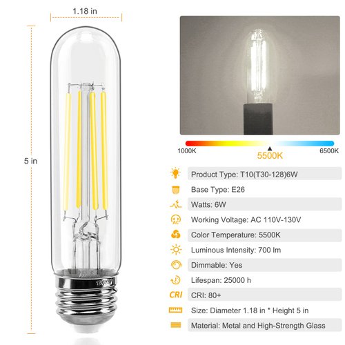 E26 LED Bulb 6W Dimmable, LED Light Bulbs Daylight 5500K E26 Edison Bulb, 700lm Equal 60 Watt AC120V 5 Inch, T10 Led Bulb Tubular for Rustic Pendant, Chandeliers, Wall sconces Pack of 6