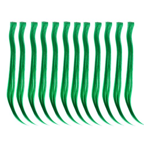 SWACC 12 Pcs Straight One Color Party Highlights Clip on in Hair Extensions Colored Hair Streak Synthetic Hairpieces (Green)