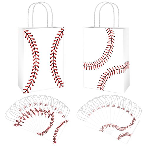 Foxrush 24 PCS Baseball Snack Bags,Baseball Paper Bags with Handle as Goodie Bags, Candy Bags for Kids Team, Birthday,Baseball Themed Party Supplies