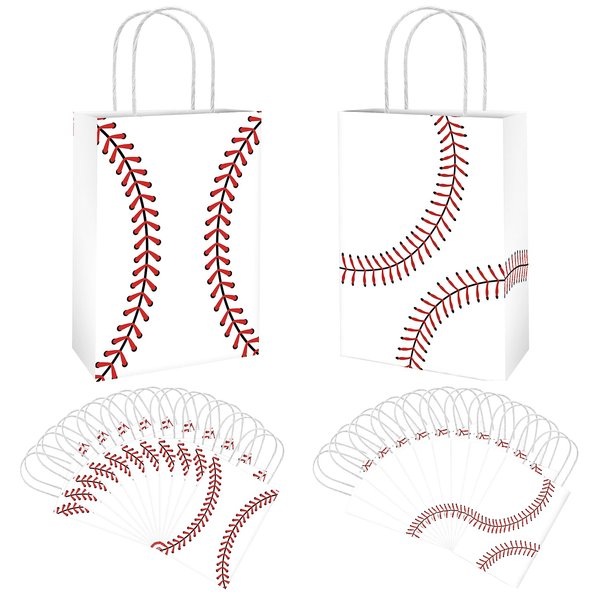 Foxrush 24 PCS Baseball Snack Bags,Baseball Paper Bags with Handle as Goodie Bags, Candy Bags for Kids Team, Birthday,Baseball Themed Party Supplies