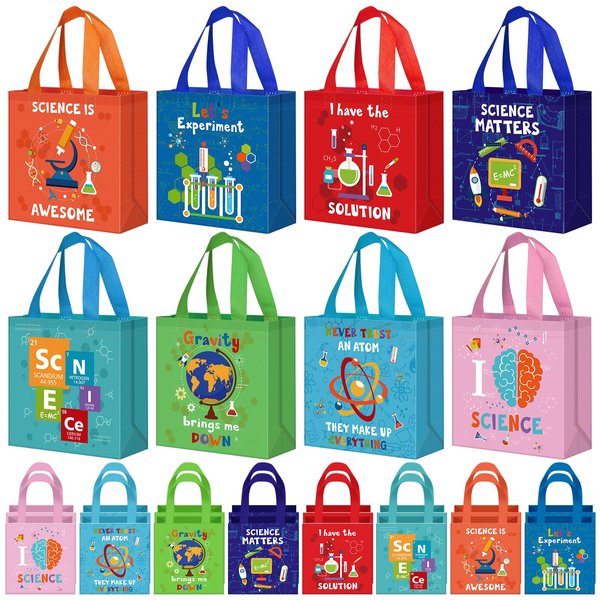 Sanwuta 24 Pcs Science Party Favor Bags Goodie Gift Treat Bag with Handles for Kids Students Party Supplies(Colorful Style)