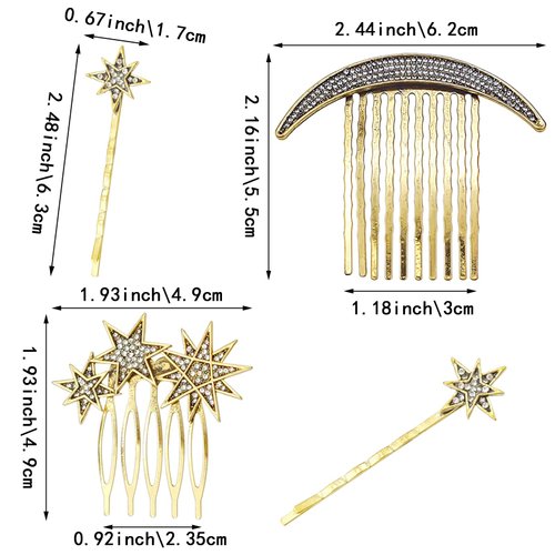 4 PACK Stars and Moons Hair Accessories Alloy Vintage Hair Side Combs, Rhinestone Wedding Bride Headpieces, Gold Rhinestones Star Hair Comb