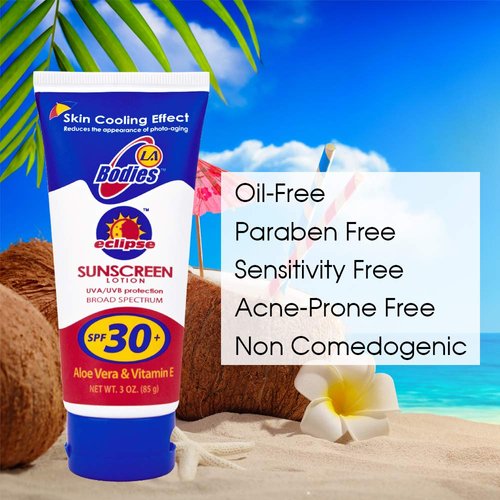 LA Bodies Sunscreen Moisturizing Face & Body Lotion (SPF 30) w/Aloe Vera for Cooling Sensation | Works with Acne Prone Skin | UVA UVB Protection Sunblock | 3oz | 3 Pack
