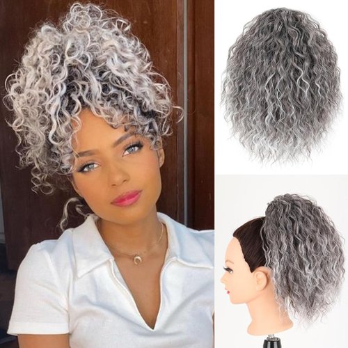 SCENTW Short Grey Curly Ponytail Extension Elastic Drawstring Loose Wave Curly Hair Buns Hair Piece Synthetic Hair Extensions Hair Bun for Women Daily Use