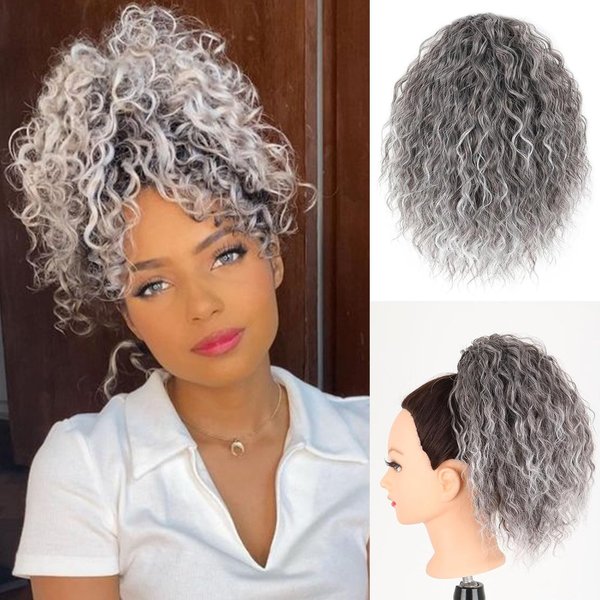 SCENTW Short Grey Curly Ponytail Extension Elastic Drawstring Loose Wave Curly Hair Buns Hair Piece Synthetic Hair Extensions Hair Bun for Women Daily Use