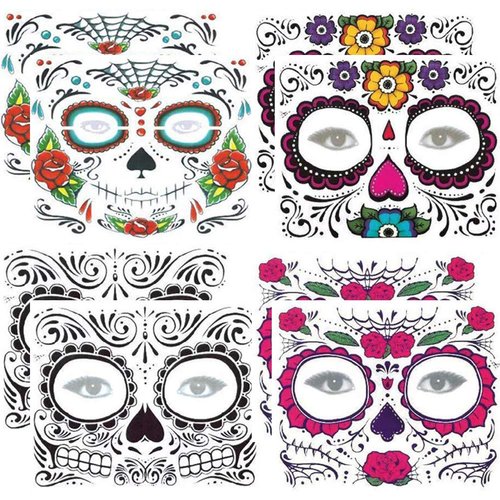 Hartop 8 Pack Halloween Temporary Tattoos Glitter Red Roses Day of The Dead Sugar Skull Face Tattoo Sticker