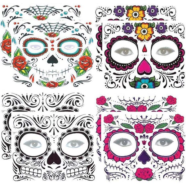 Hartop 8 Pack Halloween Temporary Tattoos Glitter Red Roses Day of The Dead Sugar Skull Face Tattoo Sticker