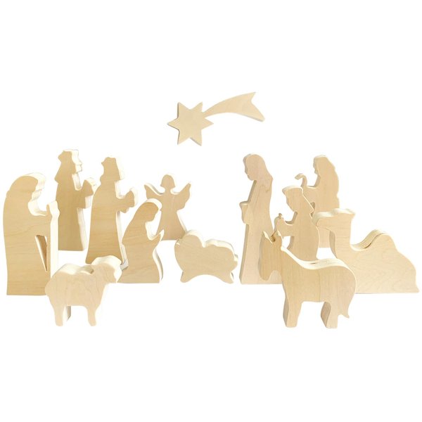 MoinKidz Wooden Christmas Nativity Set, Blank Wooden Miniature Nativity Figurines Set of 13 for Crafts & DIY, Holy Family Christmas Decoration