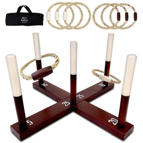 SWOOC Games - Rustic Ring Toss Game (All Weather) - Easy Setup & Extra Games Included - Ring Toss Game for Adults - Outdoor Games for Kids - Yard Games for Adults - Ring Hook Game - Game Room Games