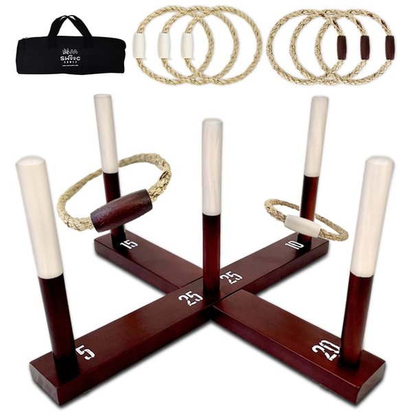 SWOOC Games - Rustic Ring Toss Game (All Weather) - Easy Setup & Extra Games Included - Ring Toss Game for Adults - Outdoor Games for Kids - Yard Games for Adults - Ring Hook Game - Game Room Games