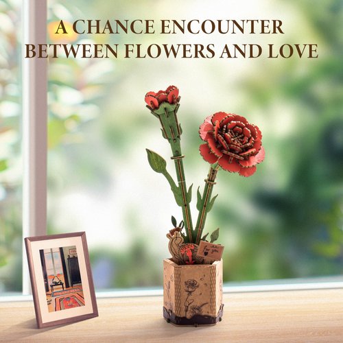 ROBOTIME 3D Puzzles Wooden Artifical Flower Red Carnation DIY Model Building Kit to Build for Adults Bouquet Botanical Collection Craft Brain Teaser Puzzle Creative Gift Home Decor