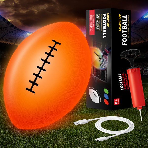 Glow in the Dark Football, Size 6 Light up Football with Charging Cable & Pump, Outdoor Sport Football Toys for Evening Play and Camping, Christmas Birthday Gifts for Boys 6-12 Year Old, Orange