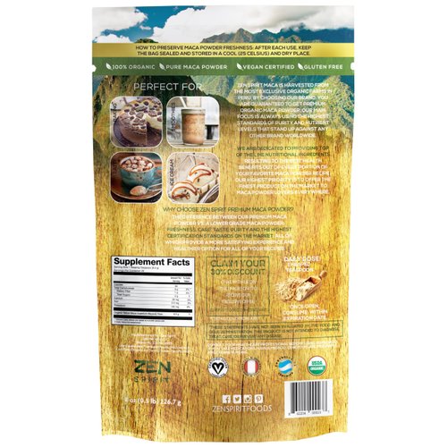 Zen Spirit Maca Root Powder Organic - Peruvian Root Premium Grade Superfood (Raw) - USDA & Vegan Certified - 1 Bag (8oz) - Perfect for Breakfast, Smoothies, Baking & Ice Cream.