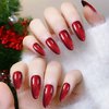 Red Press On Nails,Medium Length Almond Fake Nails,12 Sizes 24 Nail Kit with Glue,Reusable Handmade Press On Nails With UV Sealer Nails (Red Cat Eye Almond)